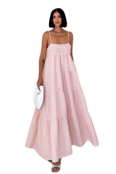 Pembe Uzun Yazlık Keten Askılı Çizgili Ve Gipe Detaylı Elbise