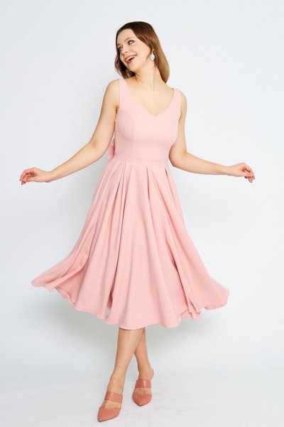 Powder Midi Strappy Bow-Back Decorative Button V-Neck Pleated Flared Evening Dress