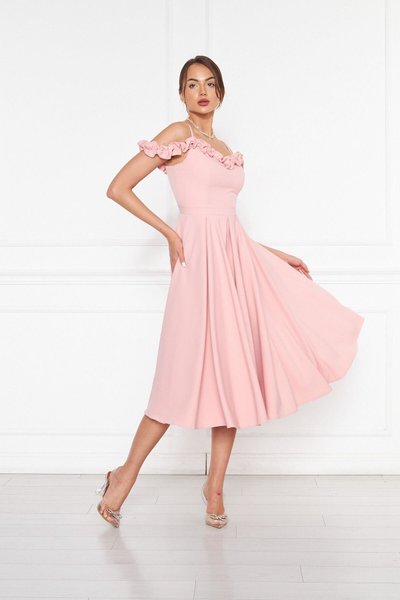 Powder Midi Adjustable Strap Neck Ruffle Detail Woven Fabric Pleated Flared Evening Dress