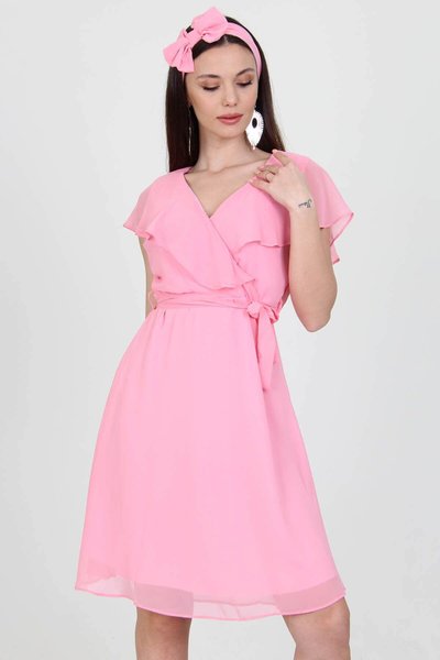 Powder Midi Wrap Neck Dress with Tie Detail Chiffon