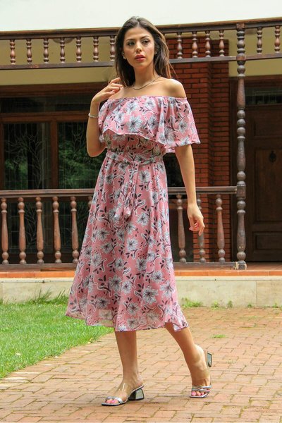 Powder Midi Madonna Belted Patterned Chiffon Dress