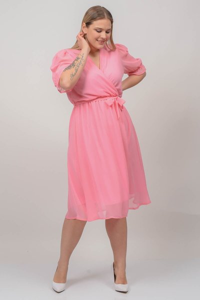 Powder Pink Midi Wrap Neck Plus Size Belted Chiffon Dress