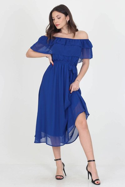 Saks Mavisi Midi Madonna Yaka Bağlama Detaylı Şifon Elbise