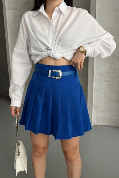 Saks Mini Pileli Kemerli İçi Astarlı Etek