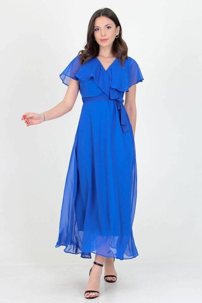 فستان شيفون بأكمام طويلة وياقة مزدوجة مع تفاصيل الربط