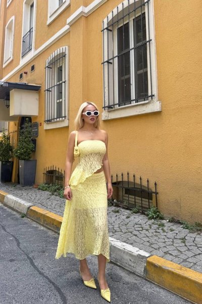 Yellow Asymmetric Lined Lace Skirt Set