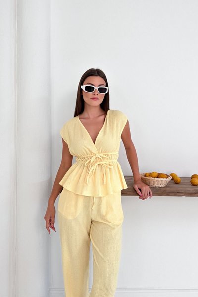 Yellow Tie Detail Waffle Fabric Two-Piece Set