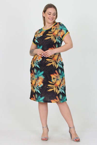 Sarı Midi Cepli Likralı Büyük Beden Viskon Elbise