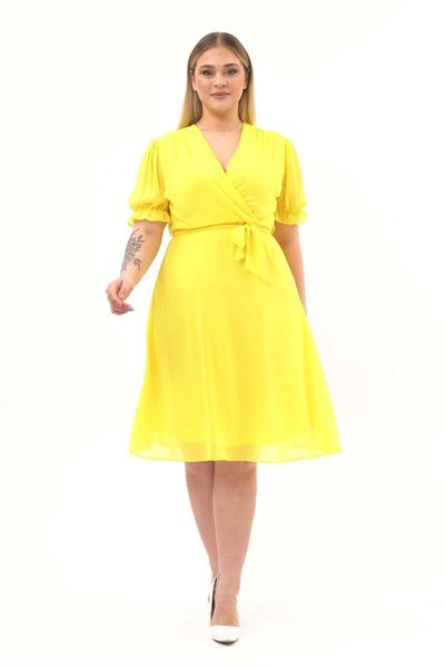 Yellow Midi Double-Breasted Neck Belted Plus Size Chiffon Dress