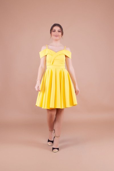 Yellow Mini Spaghetti Strap Off-Shoulder Pleated Evening Dress