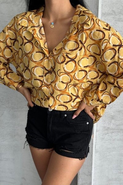 Yellow Oversize Satin Patterned Comfortable Shirt