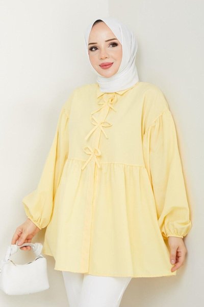 Sarı Poplin Kumaş Fiyonklu Balon Kol Tunik
