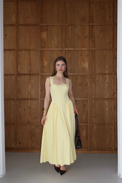 Yellow Long Square Neck Thick Strap Design Dress