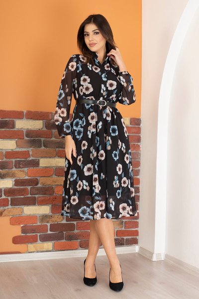 Sax Midi Kemerli Gömlek Yaka Düğmeli Şifon Elbise