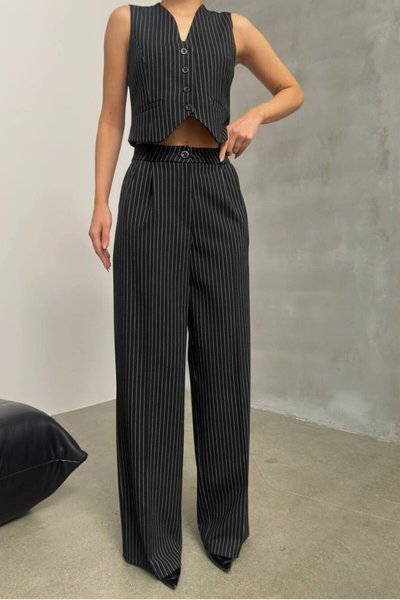 Black Lined Striped Vest Palazzo Pants Two-Piece Set