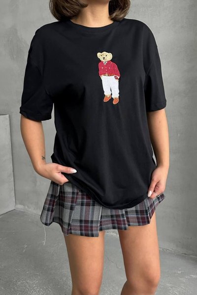 Siyah Ayıcık Nakışlı Oversize Tshirt
