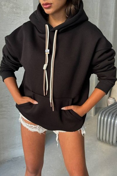Siyah Bağcık Detay Oversize Sweatshirt