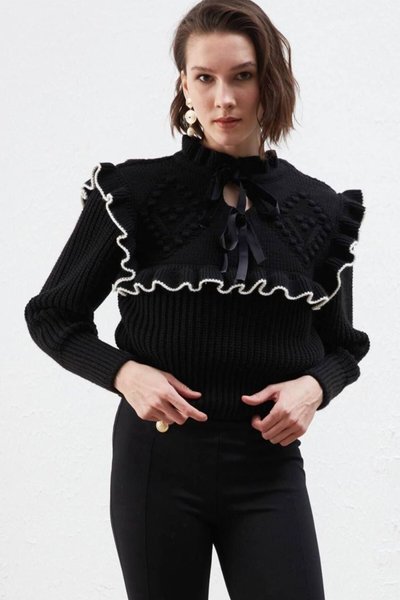 Black Tie Detail Ruffle Nostalgia Sweater
