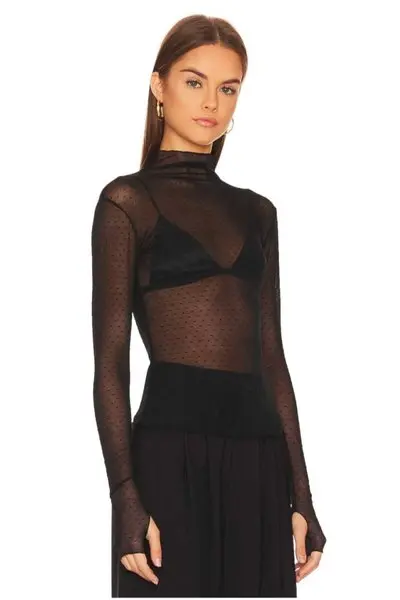 Siyah Balıkçı Yaka Bodycon Parmak Geçmeli Likralı Puantiye Tüllü Tarz Bluz