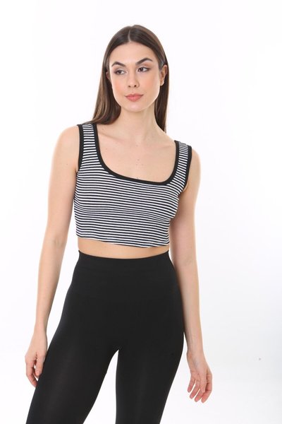 Siyah Beyaz Çizgili Askılı Fitilli Crop Örme Bluz