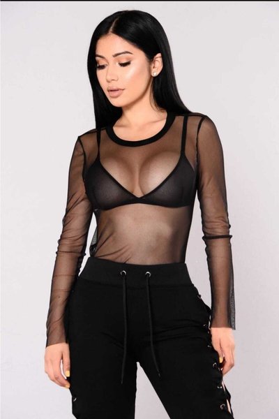 Siyah Bisiklet Yaka Bodycon Likralı Tül Bluz