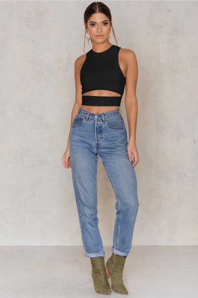 Siyah Bodycon Cutout Göbek Dekolteli Tarz Crop Top Bluz