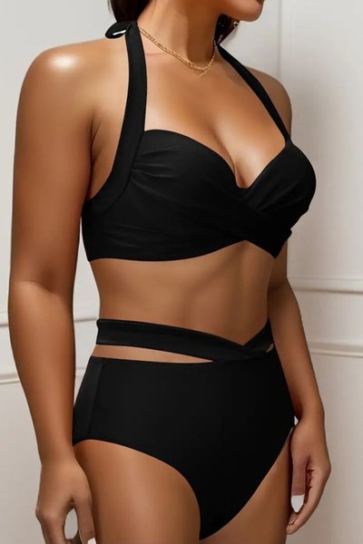 Siyah Çapraz Askılı Yüksek Bel Bikini Takım
