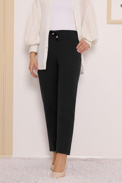 Black Double Pocket Elastic Waist Drawstring Pants
