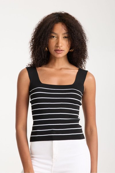 Siyah Çizgili Kare Yaka Esnek Triko