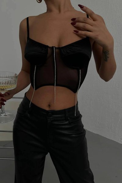 Siyah Diamond Chain Saten Korse Crop