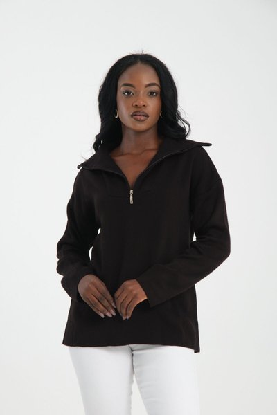 Siyah Fermuarlı Premium Oversize Triko Kazak