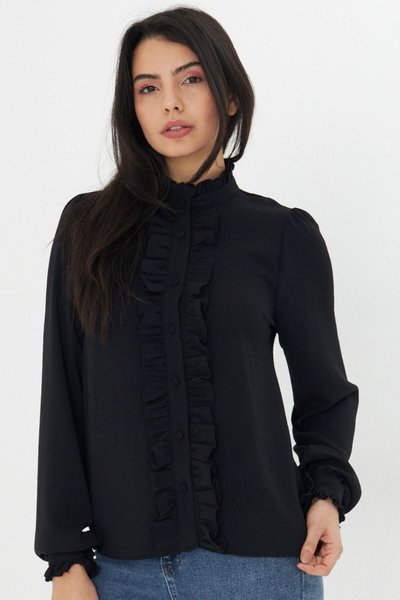 Black Ruffle Detail Mandarin Collar Long Sleeve Shirt