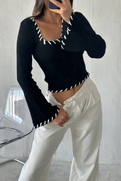 Siyah Geniş Yaka Balon Kol Standart Kazak