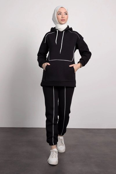 Siyah İnce Şeritli Çizgili Rahat İkili Tesettür Takım