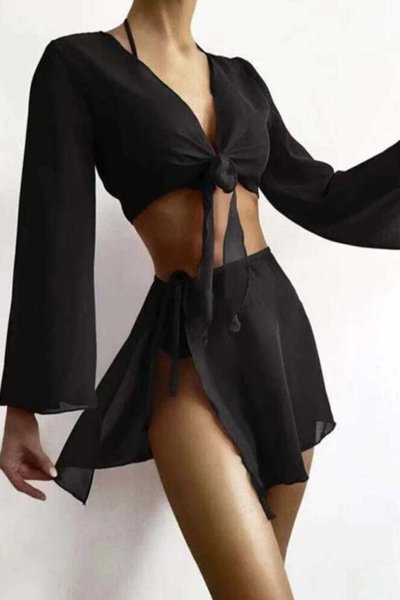 Black Spanish Sleeve Tie Front Tulle Blouse and Waist Pareo Beach Set