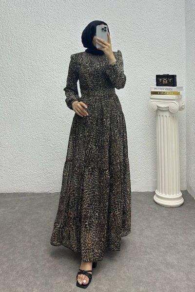 Siyah Kemerli Bisiklet Yaka Tesettür Elbise