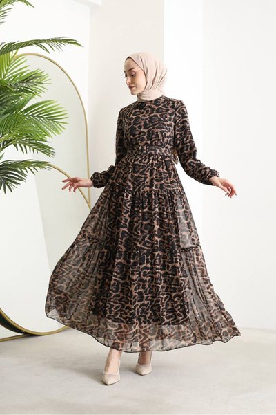 Black Belted Leopard Print Chiffon Dress