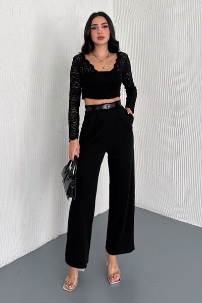 Siyah Kemerli Palazzo Pantolon