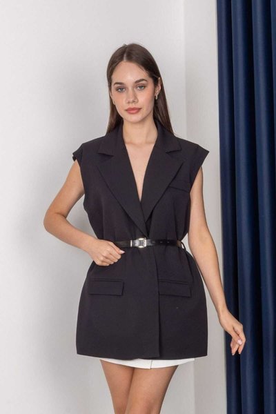 Black Belted Shawl Collar Blazer Vest