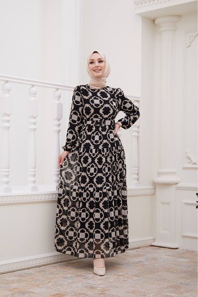 Siyah Kemerli Tesettür Elbise