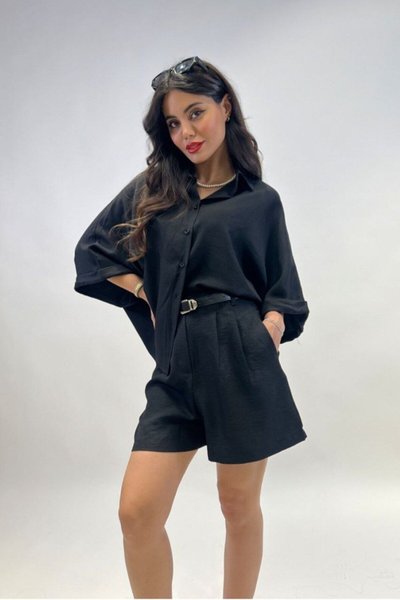 Black Linen Short-Sleeved Shirt and Belted Two-Piece Set
