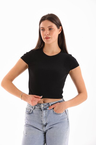 Siyah Likralı Kısa Kol Crop Bluz