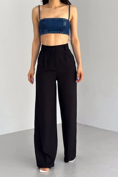 Siyah Melanj Keten Bol Paça Pantolon