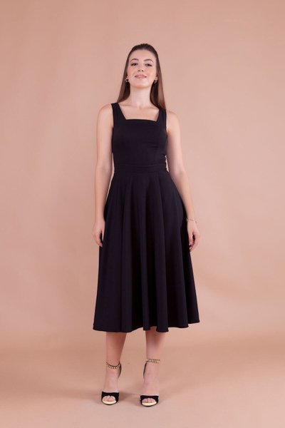 Black Midi Strappy Square Neck Dress