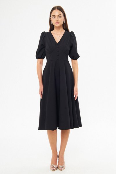 Black Midi Balloon Sleeve V-Neck Corset Belt Detail Decorative Button Pleated Bust Woven Draped Fabric Evening Dress