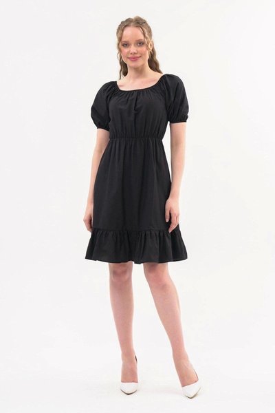 Siyah Midi Beli Lastikli Tery Coton Elbise