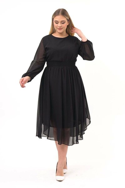 Black Midi Crew Neck Long Sleeve Detailed Chiffon Dress