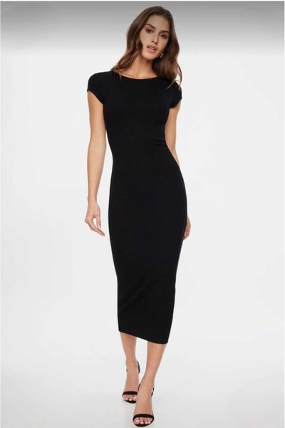 Siyah Midi Bodycon Kuş Kollu Zarif Fitilli Kumaş Kalem Elbise