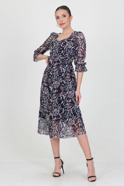 فستان شيفون ميدي أسود برقبة على شكل قلب مزخرف