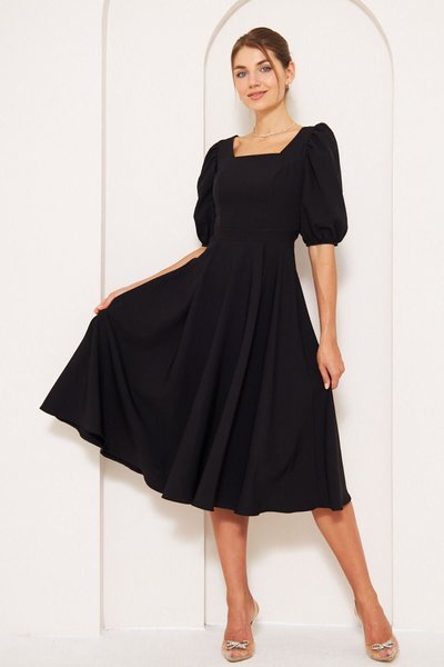 Black Midi Square Neck Short Puff Sleeve Elastic Cuffs Draped Fabric Dress